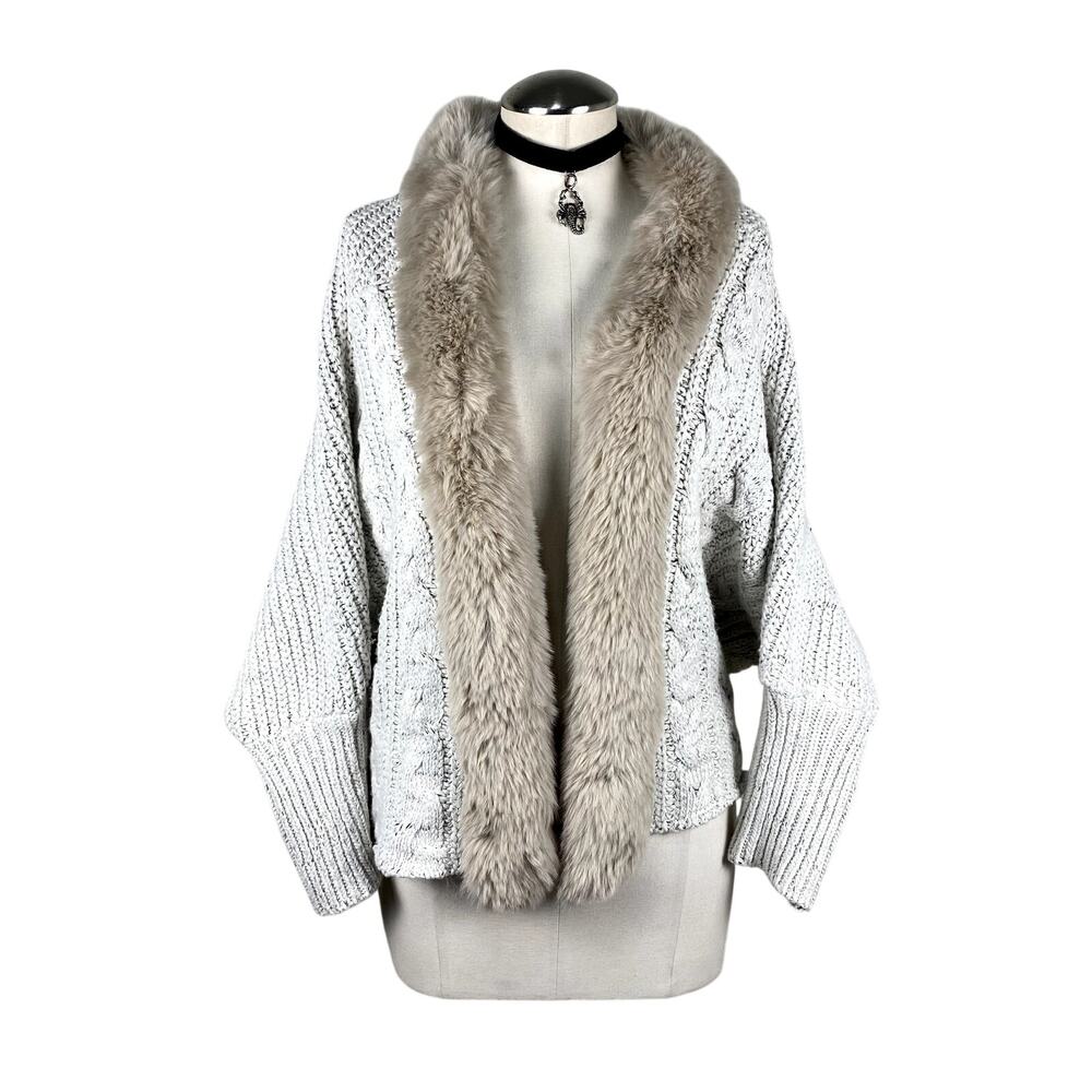 On Blue Faux Fur Trim Chunky Knit Open Front Cardigan Laced Back Boho One Size